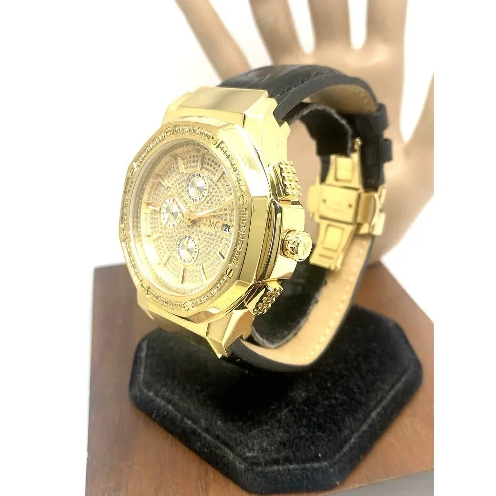 JBW Men's Watch JB-6101L-10A Saxon Diamond Quartz Gold Black Leather Band 48mm
